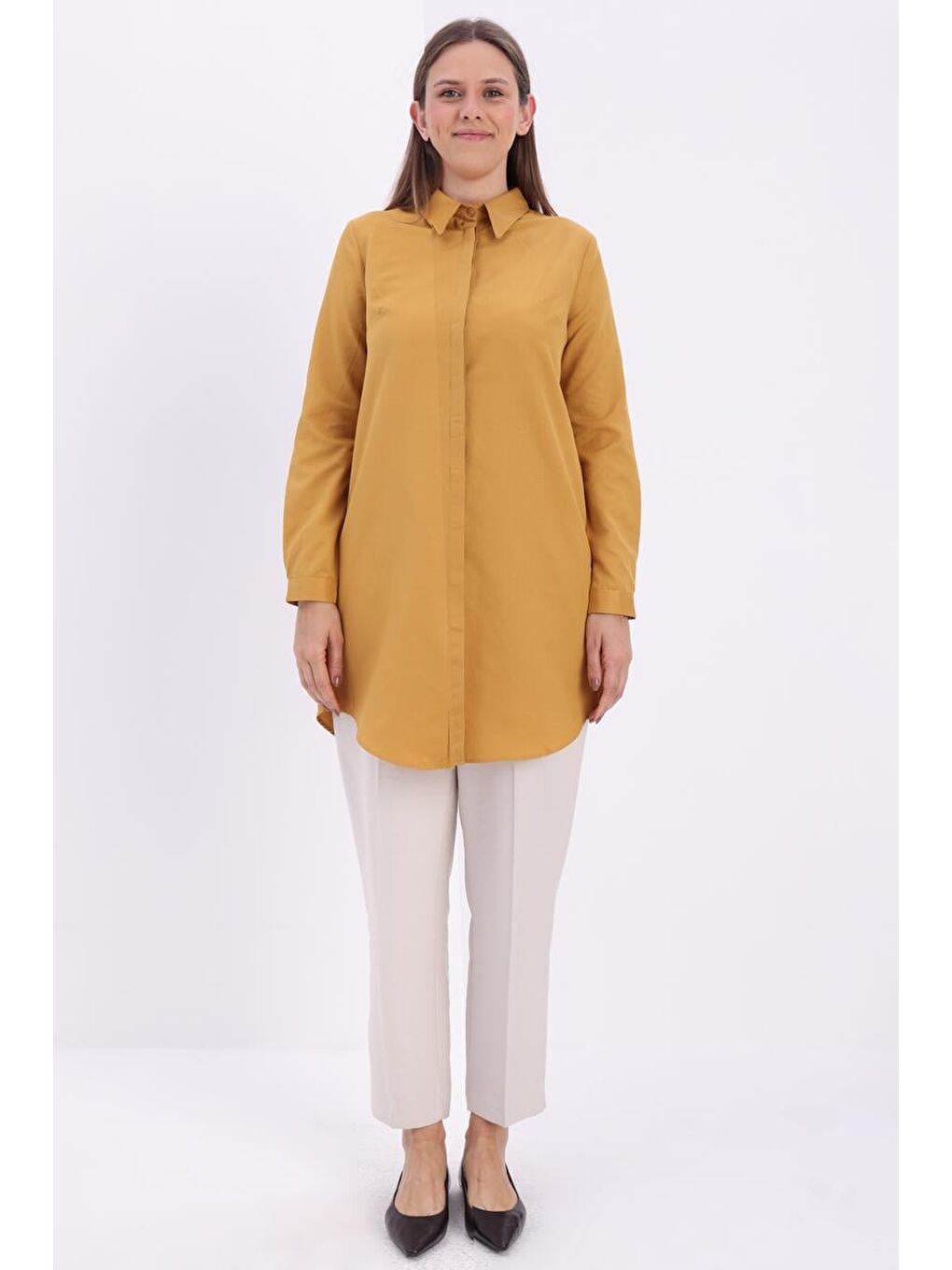Koyu Sarı-Gizli Patlı Gömlek Tunik-1