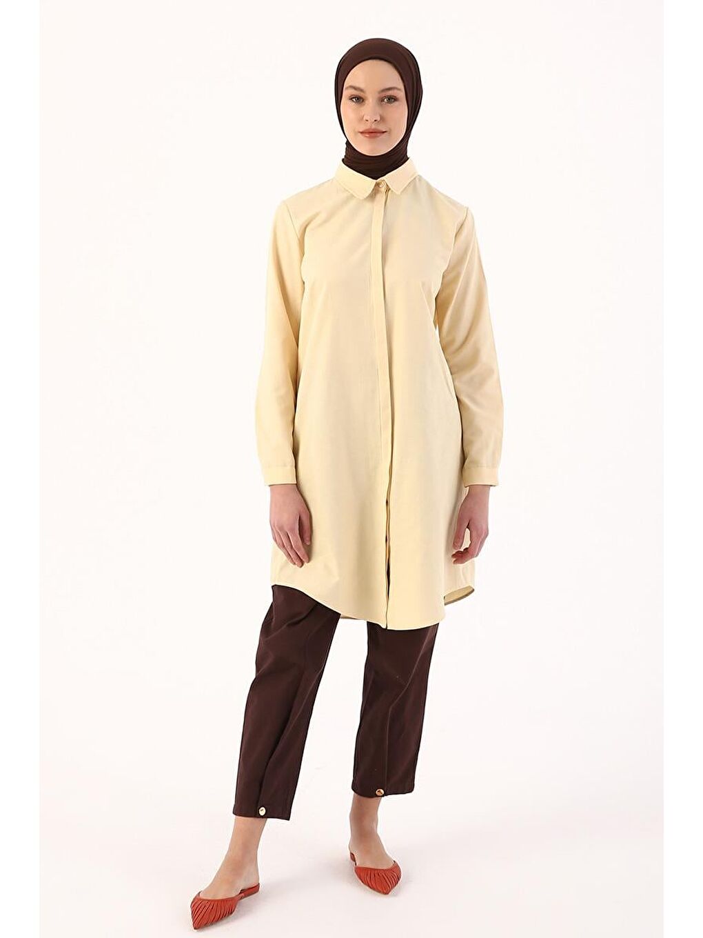 Açık Sarı-Gizli Patlı Gömlek Tunik-1