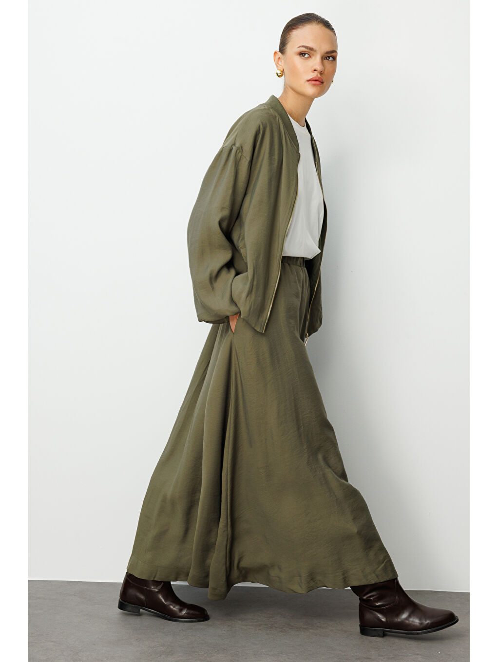 Modal Karışımlı Haki Oversize Bomber Ceket-4