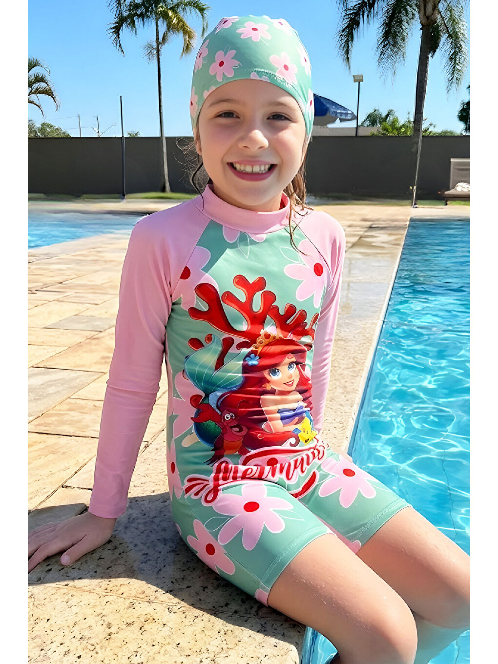 Karışık Kız Çocuk Mayo Takımı-Uzun Kollu Yüzücü Mayo ve Bone 3-12 Yaş 12633N