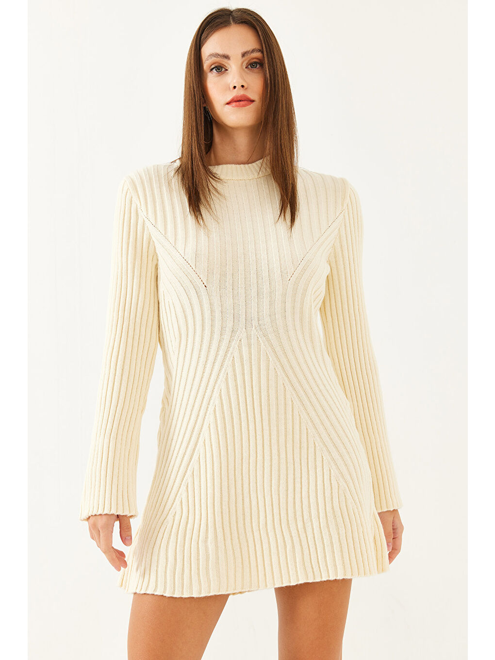 Ekru Kadın Bisiklet Yaka Fitilli Mini Triko Elbise