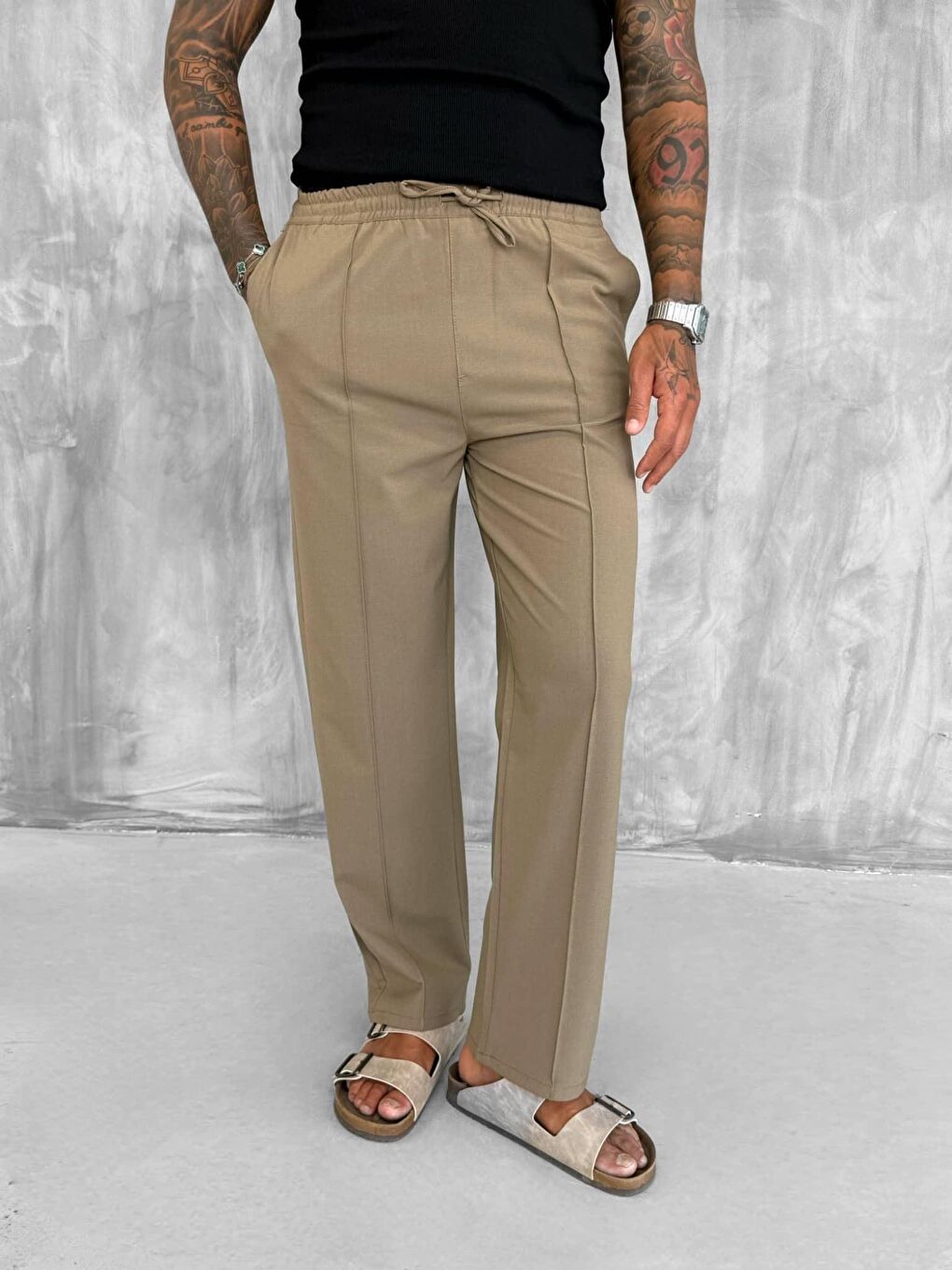 Kahverengi Erkek Beli Lastikli Baggy Pantolon Açık Kahve-2