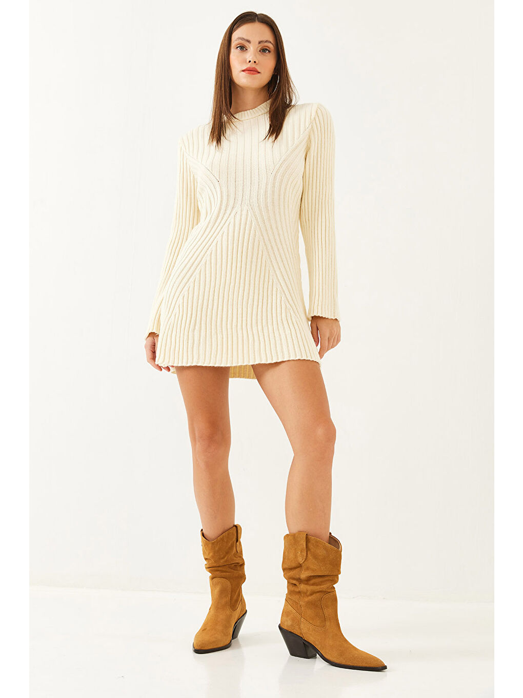 Ekru Kadın Bisiklet Yaka Fitilli Mini Triko Elbise-1