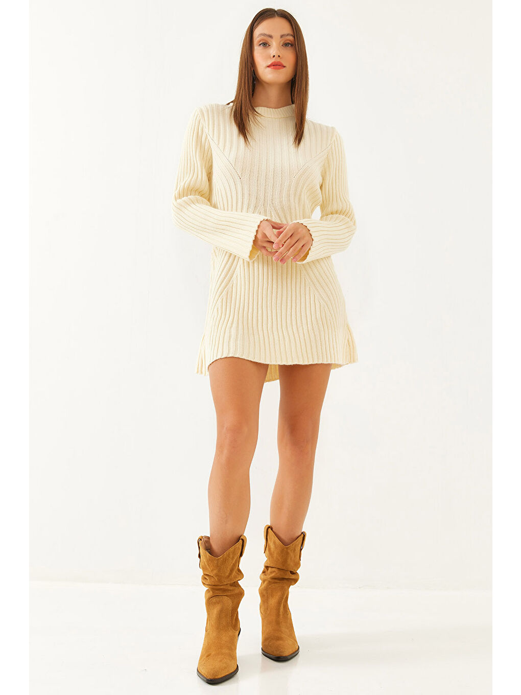 Ekru Kadın Bisiklet Yaka Fitilli Mini Triko Elbise-2