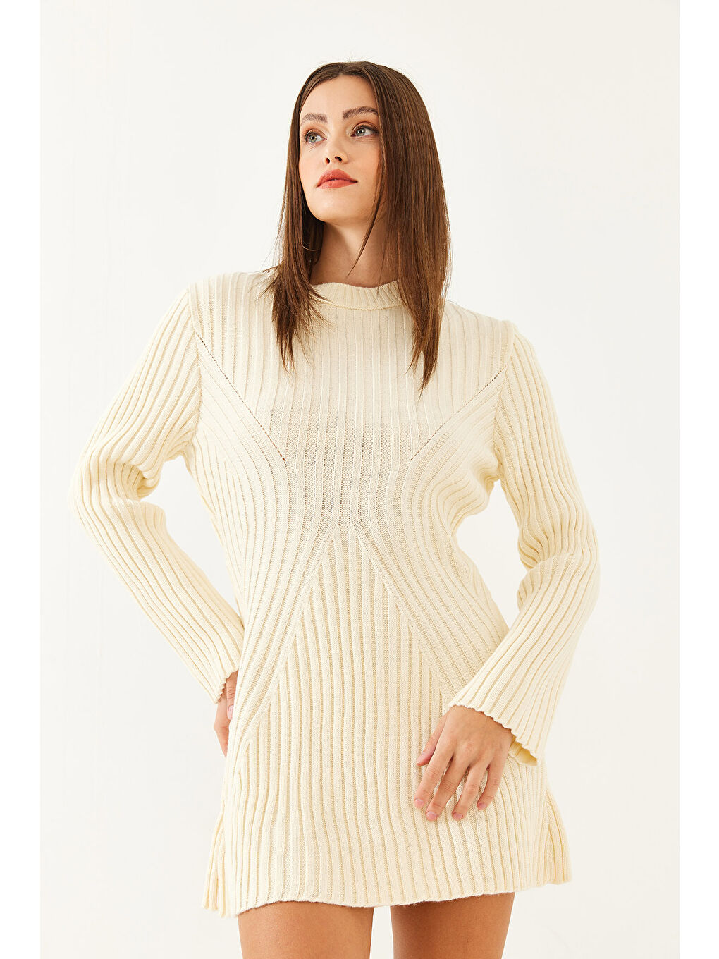 Ekru Kadın Bisiklet Yaka Fitilli Mini Triko Elbise-3