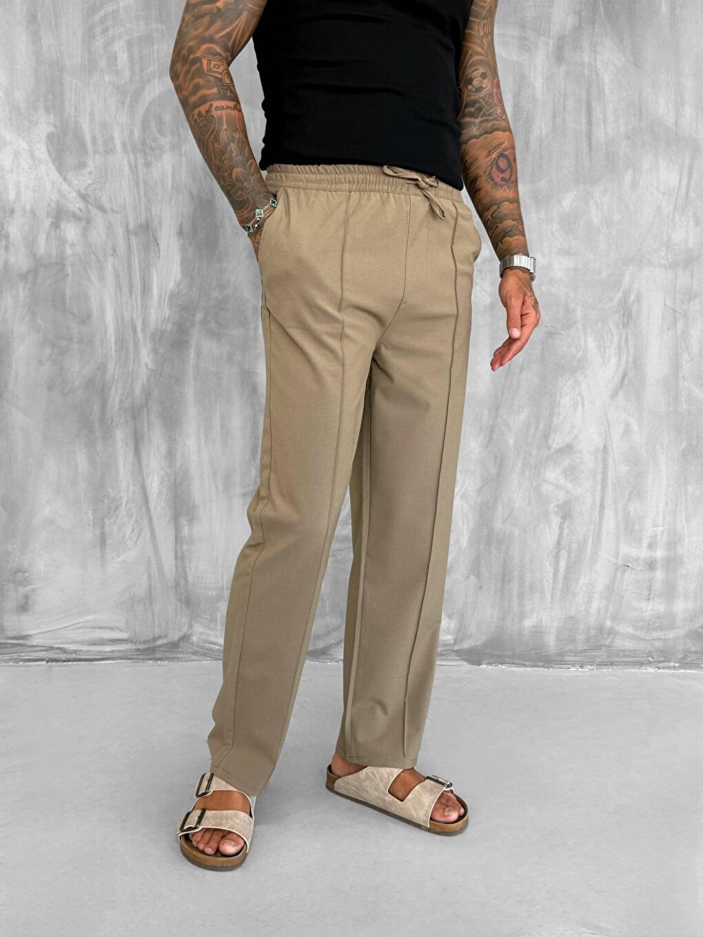 Kahverengi Erkek Beli Lastikli Baggy Pantolon Açık Kahve-3