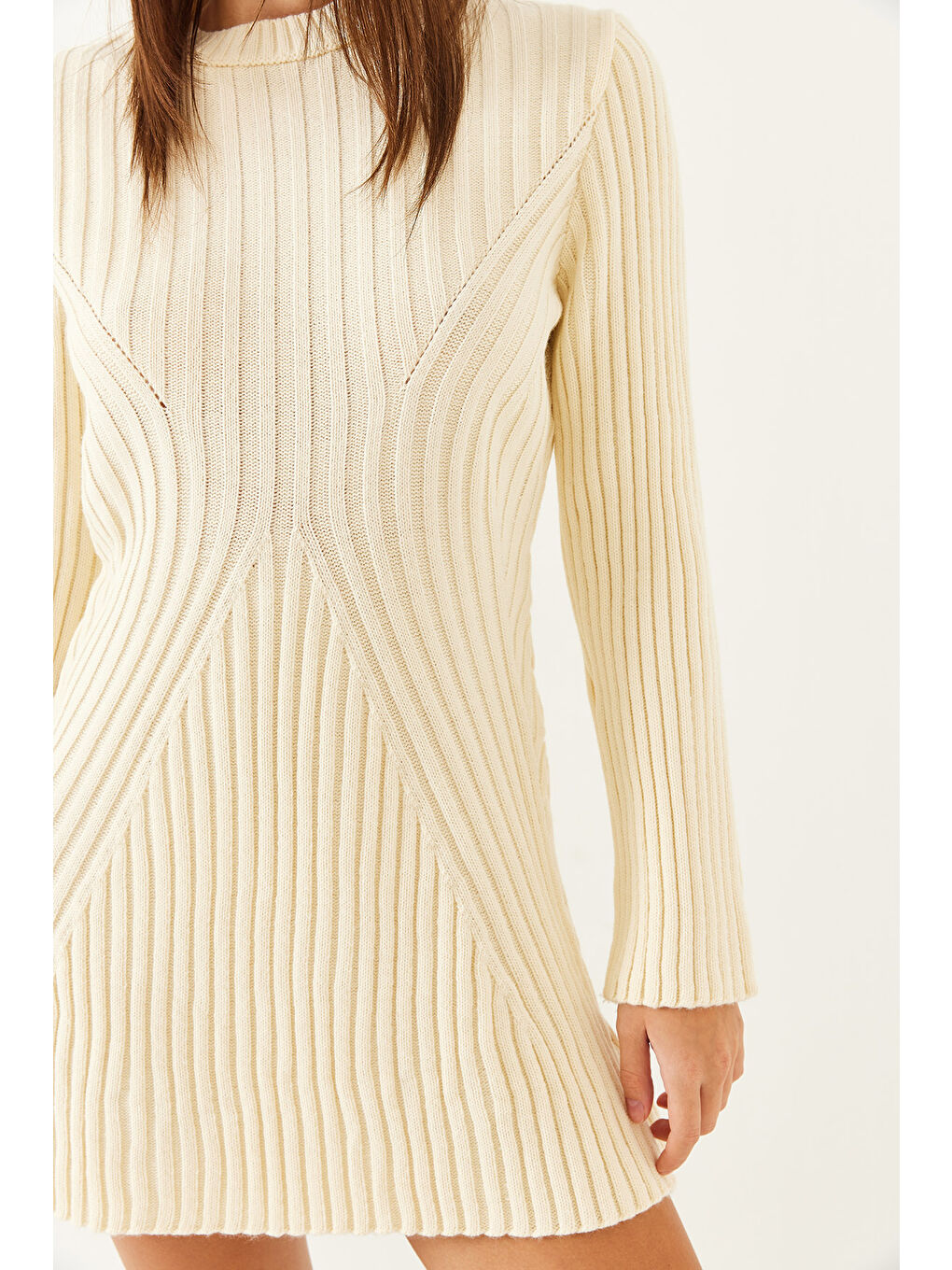 Ekru Kadın Bisiklet Yaka Fitilli Mini Triko Elbise-4