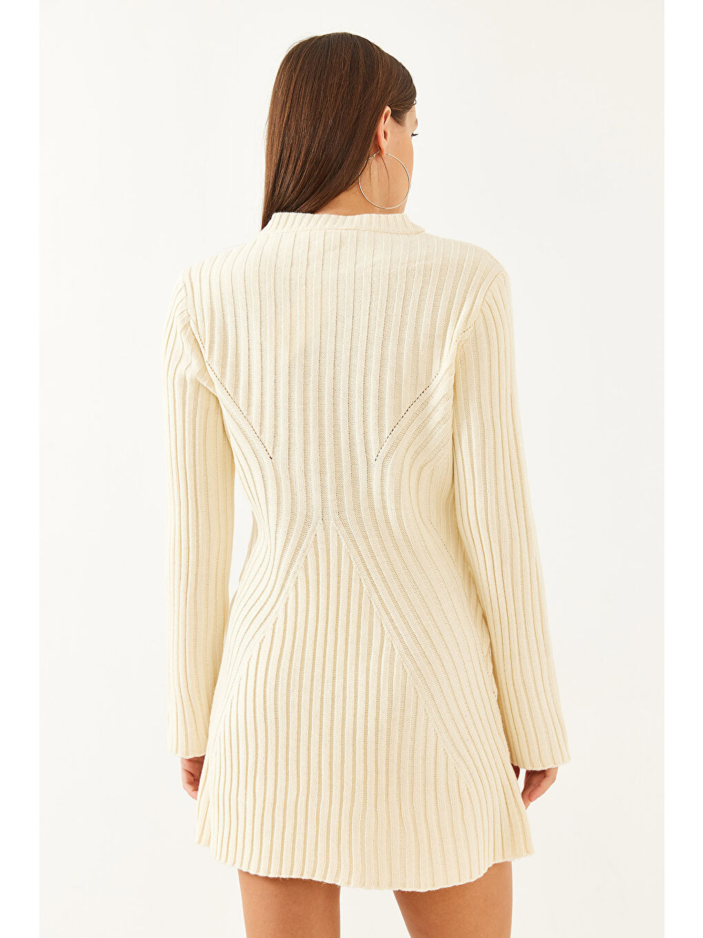 Ekru Kadın Bisiklet Yaka Fitilli Mini Triko Elbise-5