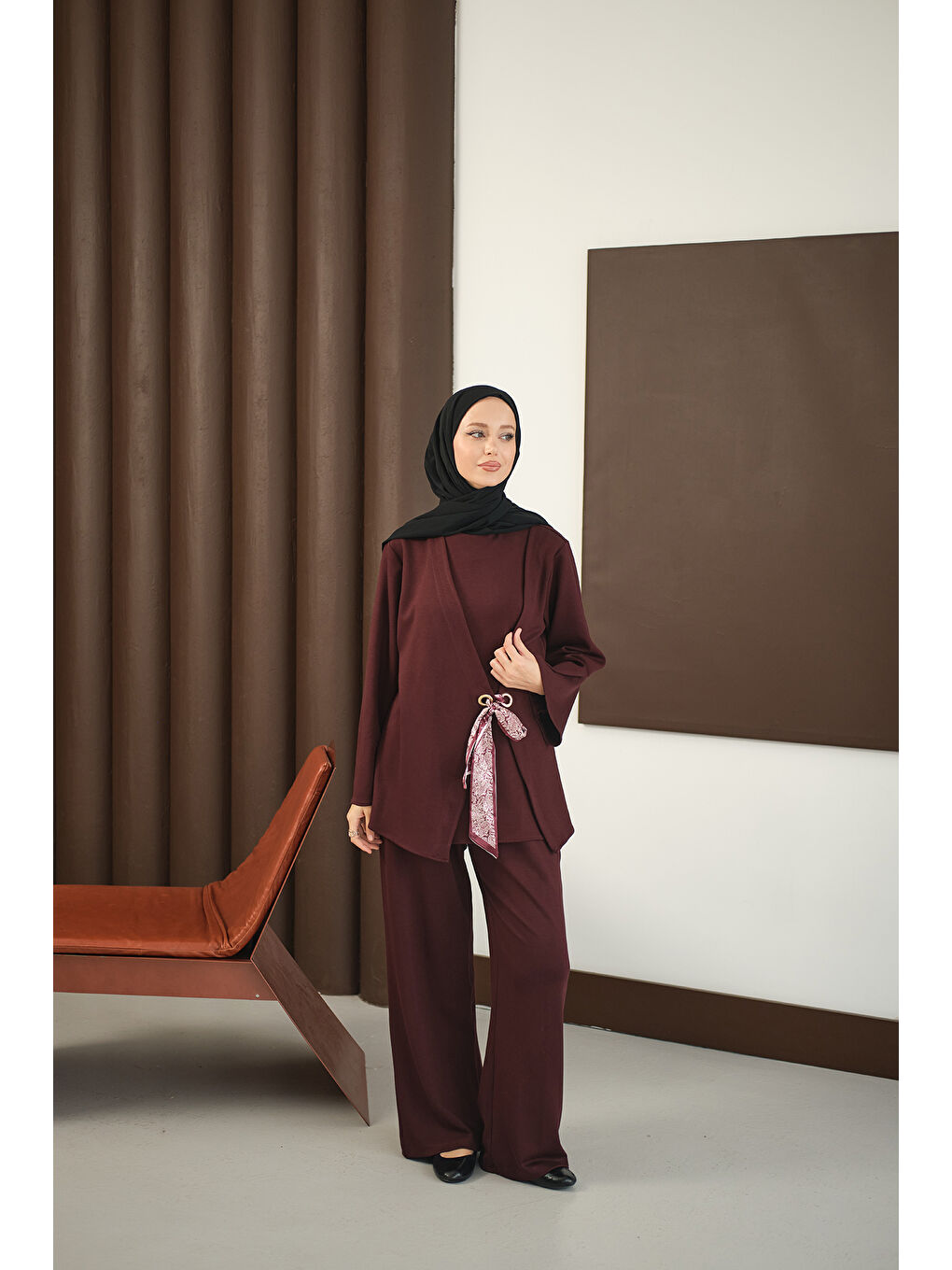 Kadın Önü Fular Detay Takım Bordo-1