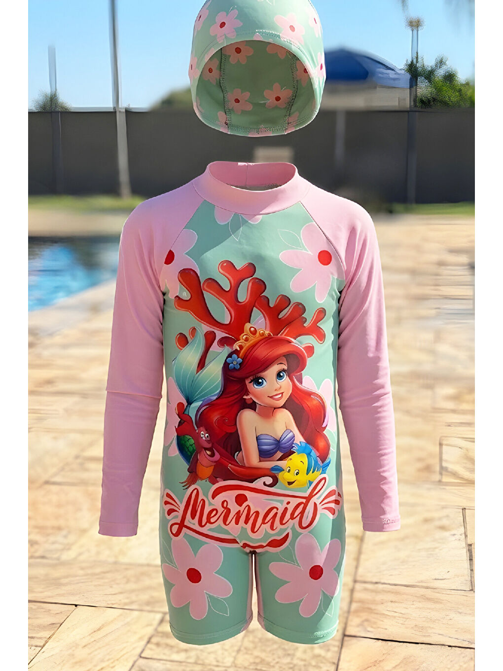 Karışık Kız Çocuk Mayo Takımı-Uzun Kollu Yüzücü Mayo ve Bone 3-12 Yaş 12633N-1