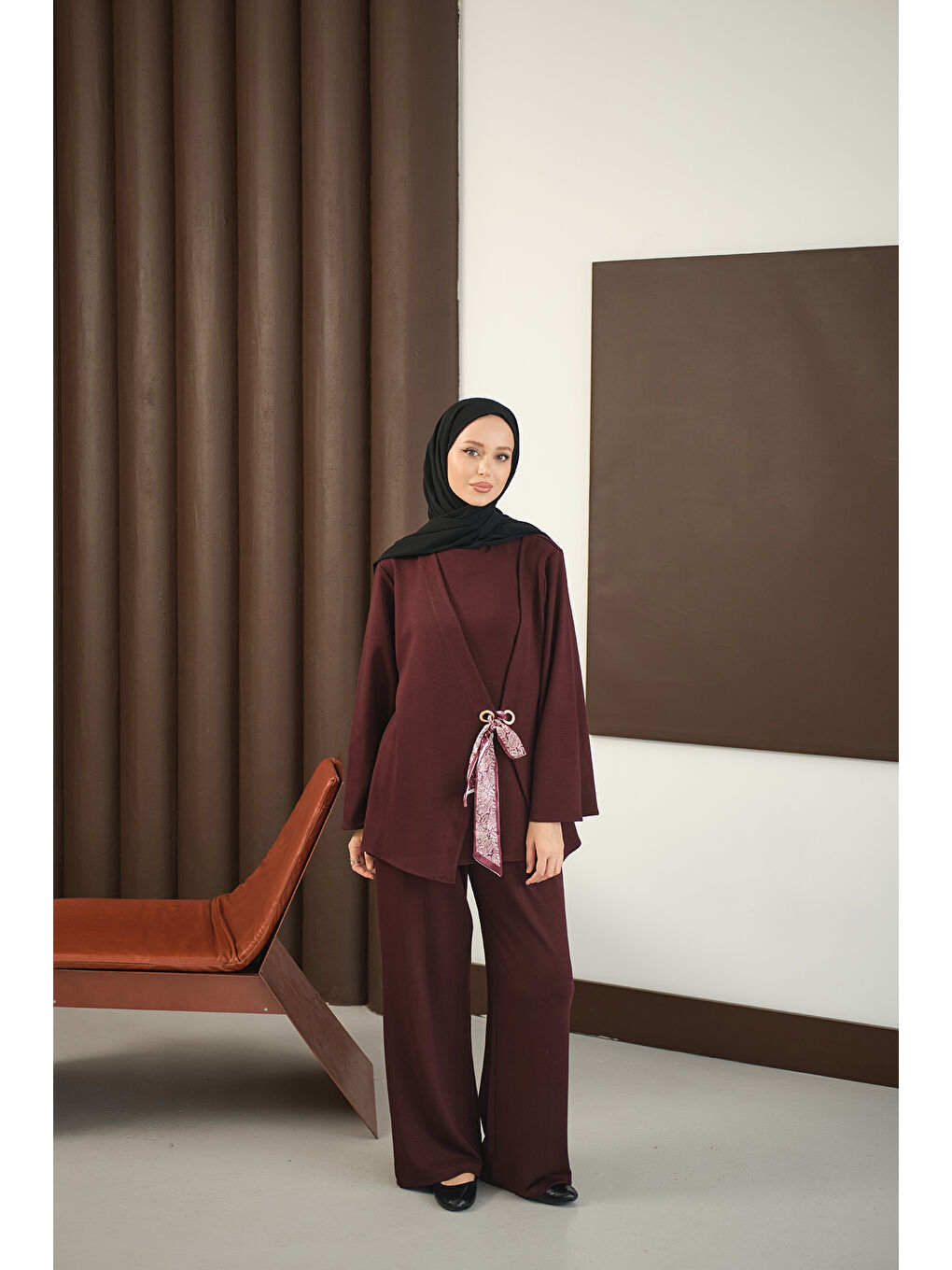 Kadın Önü Fular Detay Takım Bordo-2