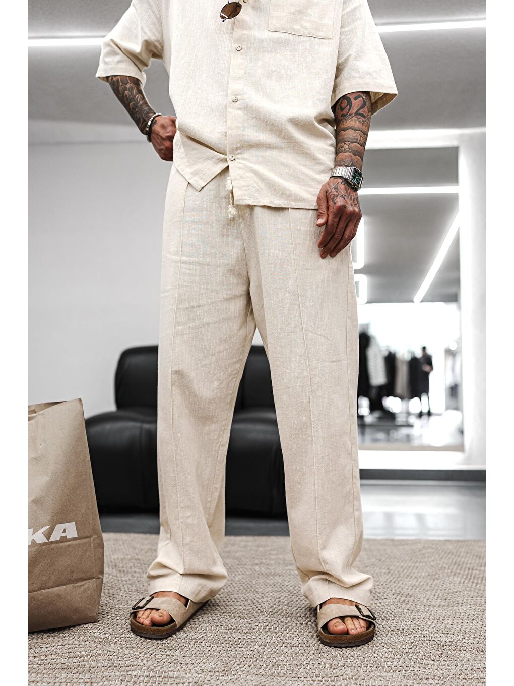 Erkek Baggy Fit Yıkamalı Beli Lastikli Pantolon Bej