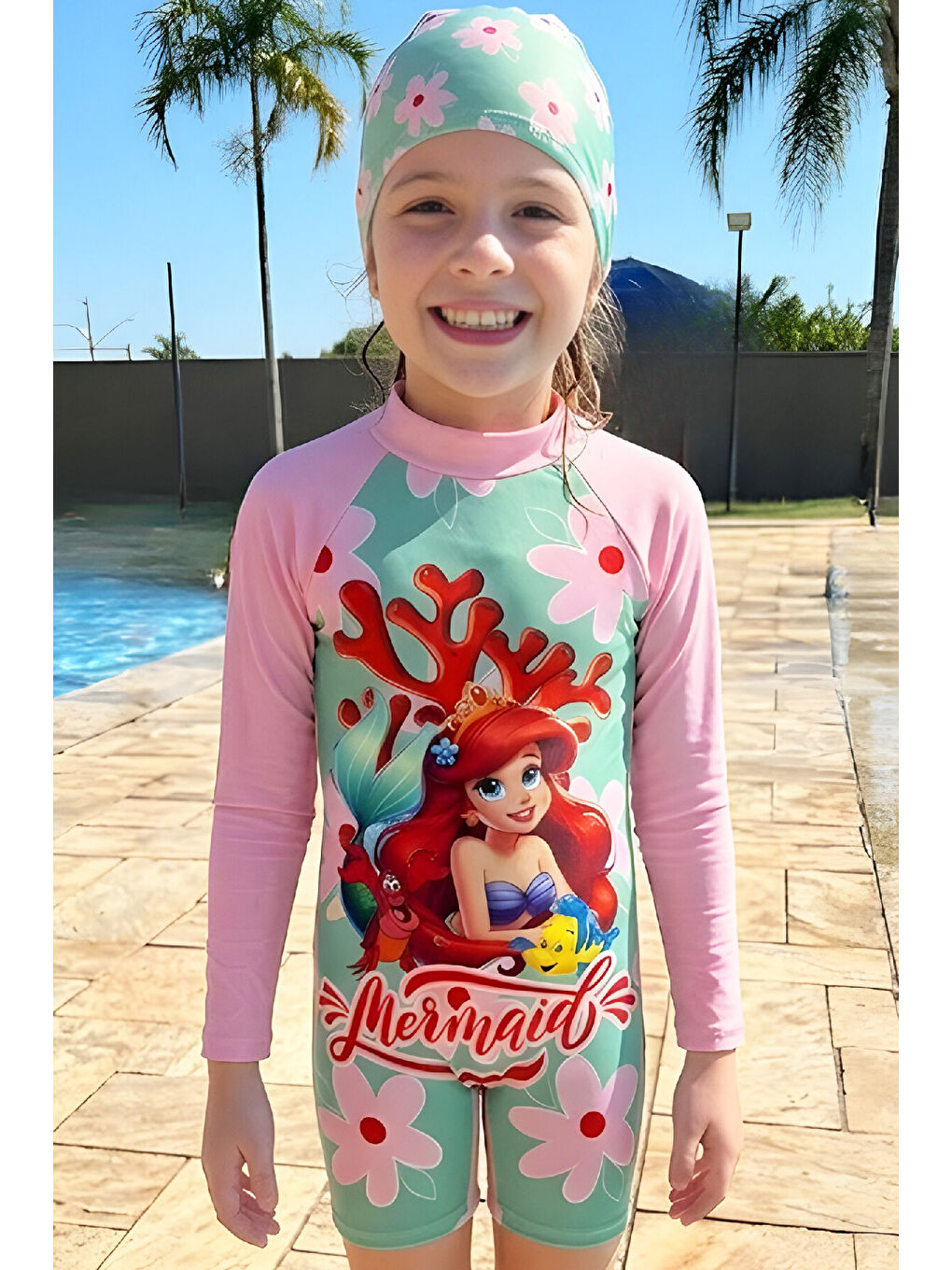 Karışık Kız Çocuk Mayo Takımı-Uzun Kollu Yüzücü Mayo ve Bone 3-12 Yaş 12633N-2