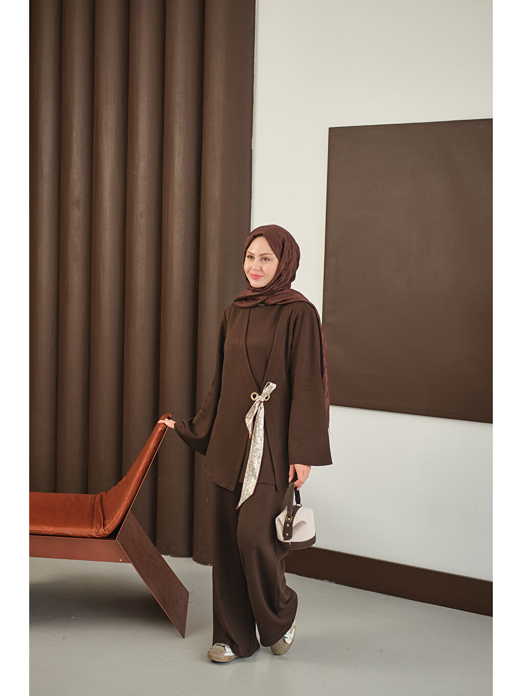 Kadın Önü Fular Detay Takım Kahverengi-1