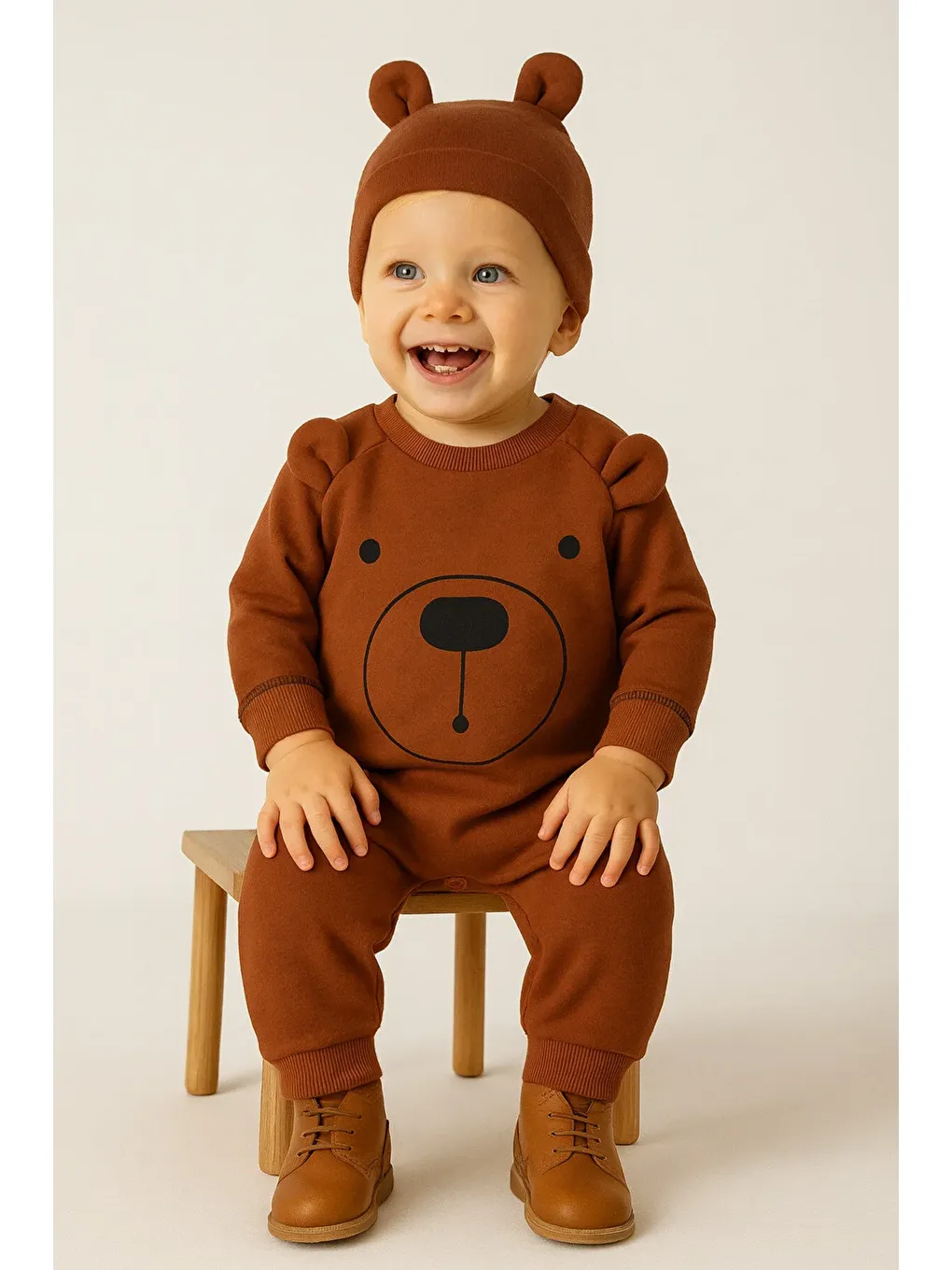 Kahverengi Gülen Yüz Suratlı Şapkalı Çocuk Bebek Tulum