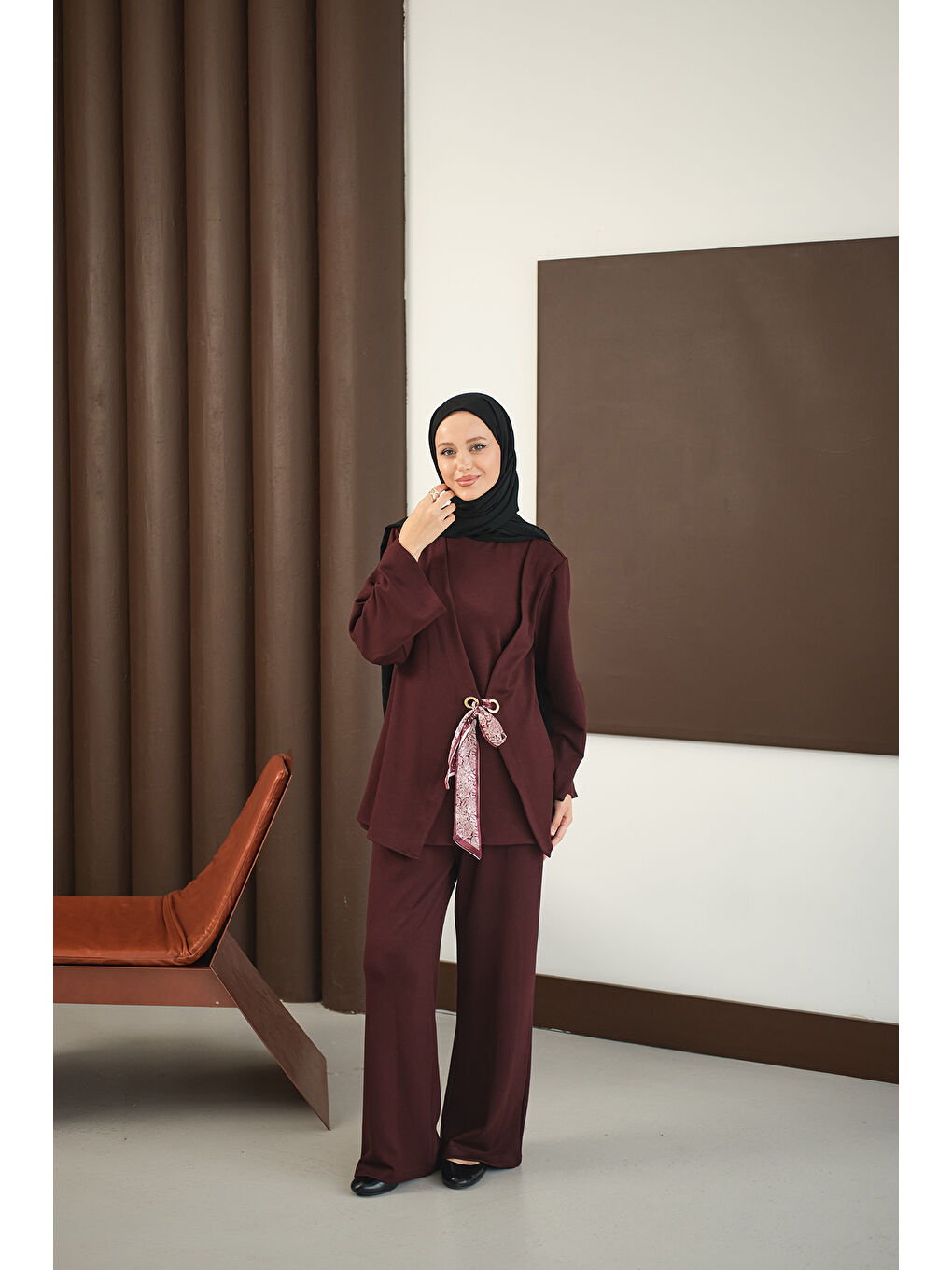 Kadın Önü Fular Detay Takım Bordo-3