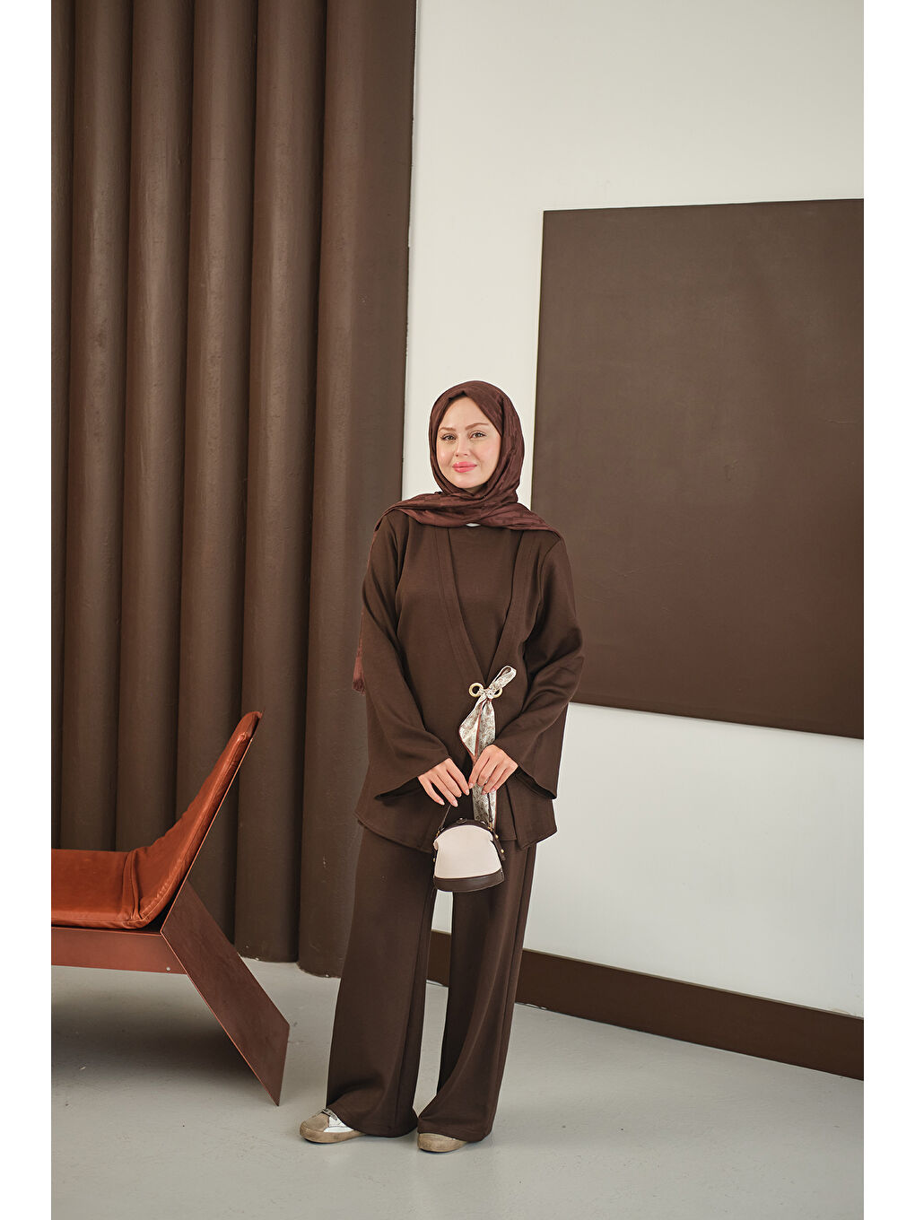 Kadın Önü Fular Detay Takım Kahverengi-2