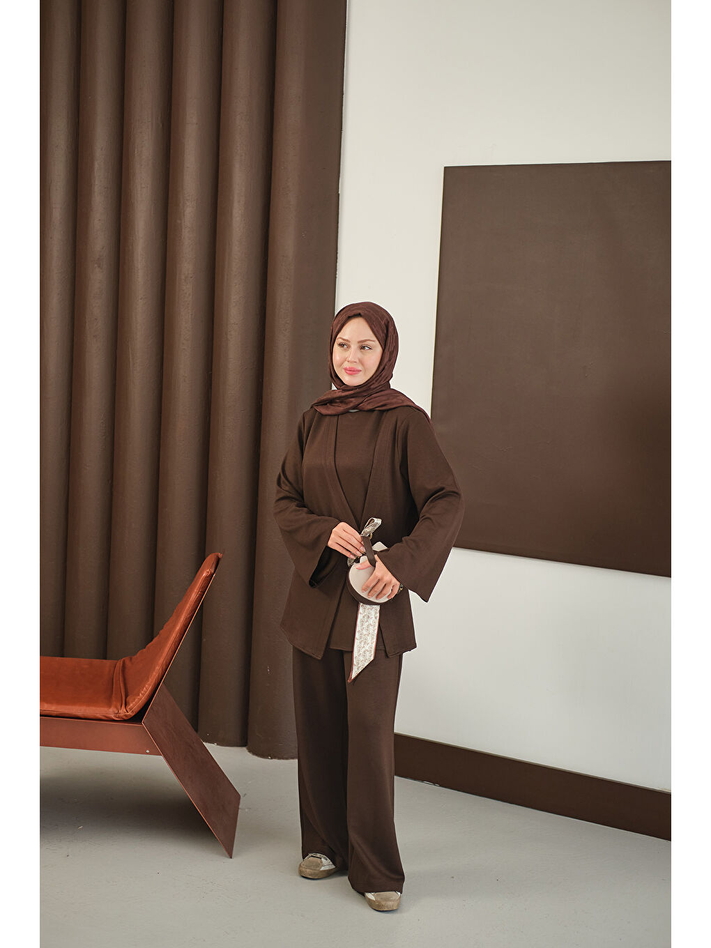 Kadın Önü Fular Detay Takım Kahverengi-3