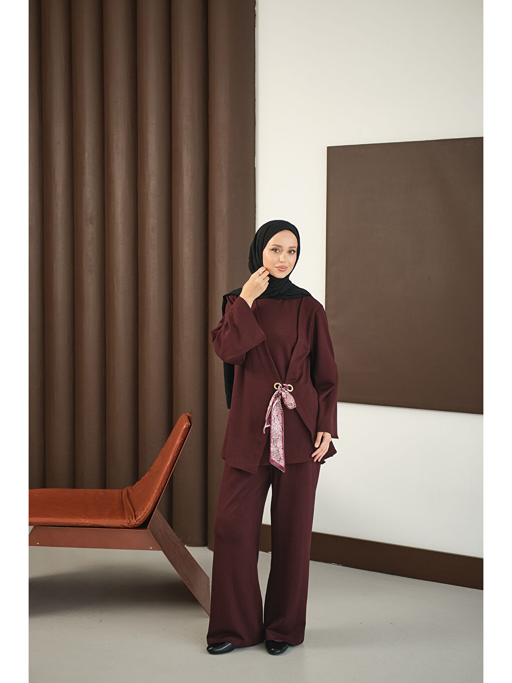 Kadın Önü Fular Detay Takım Bordo-4