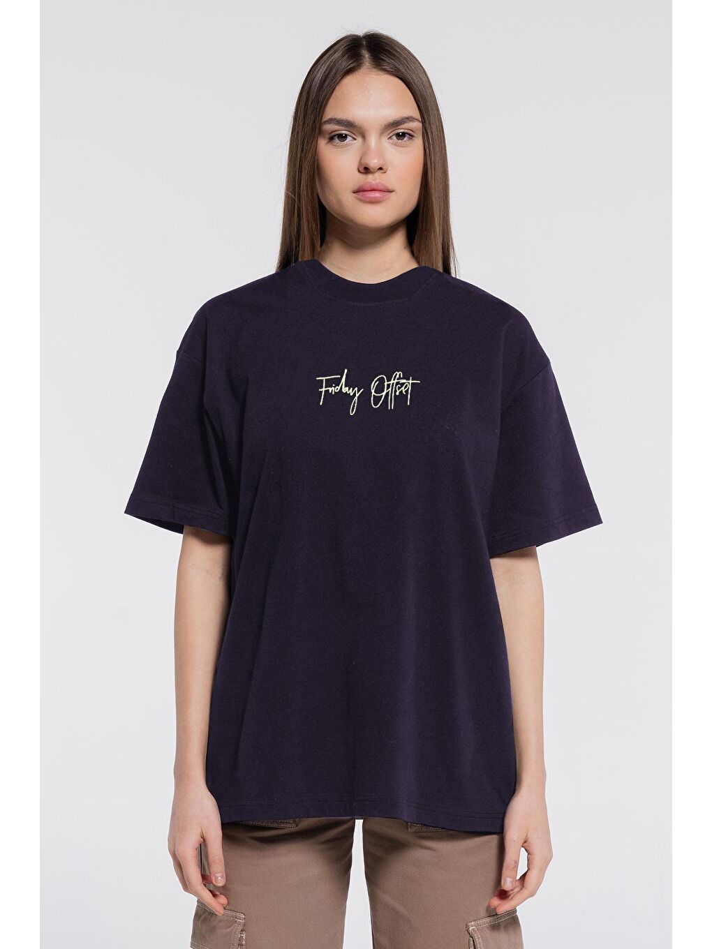 Mavi Dark Blue Kadın %100 Pamuk Ekstra Oversize Bisiklet Yaka Tişört