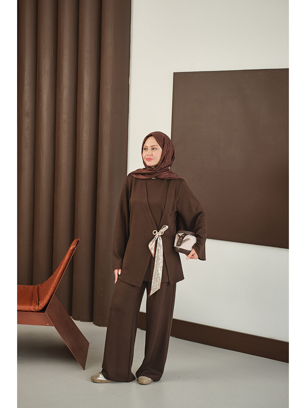 Kadın Önü Fular Detay Takım Kahverengi-4