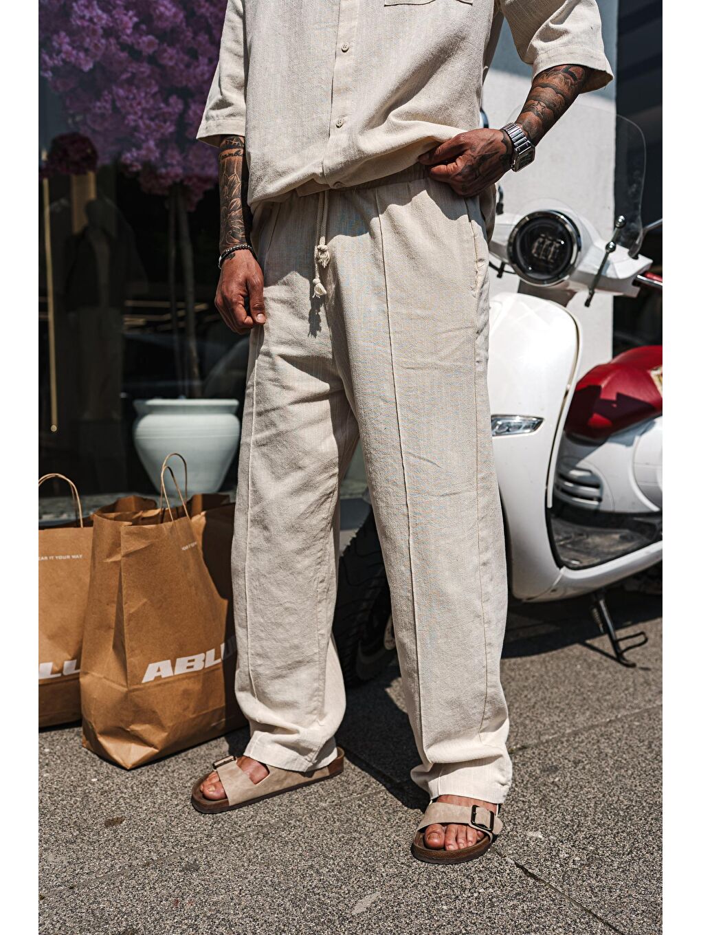 Erkek Baggy Fit Yıkamalı Beli Lastikli Pantolon Bej-1