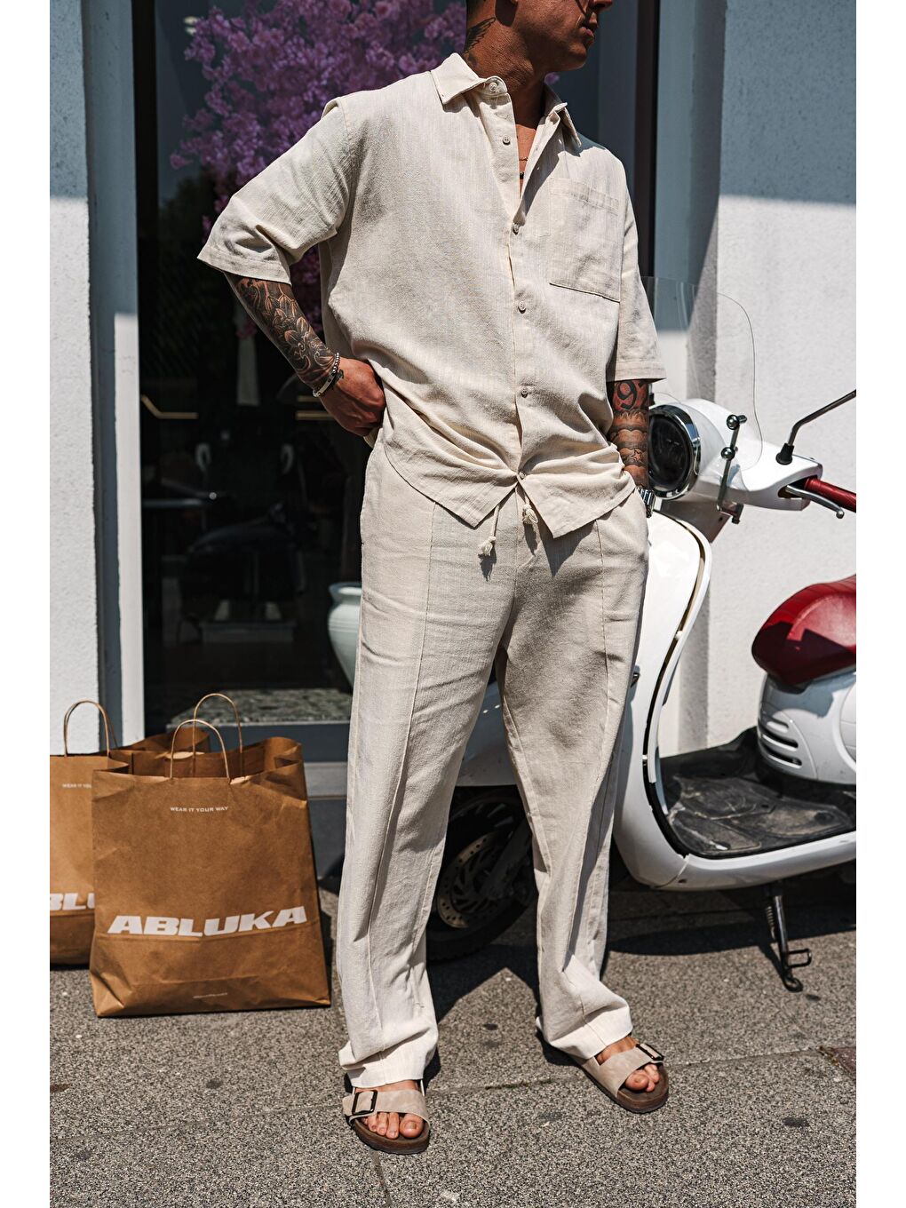 Erkek Baggy Fit Yıkamalı Beli Lastikli Pantolon Bej-2