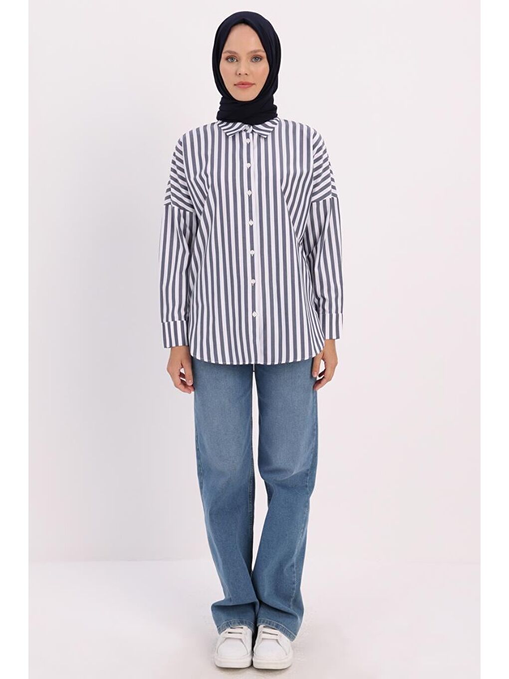 ALLDAY Lacivert-Beyaz-Oversize Basic Gömlek