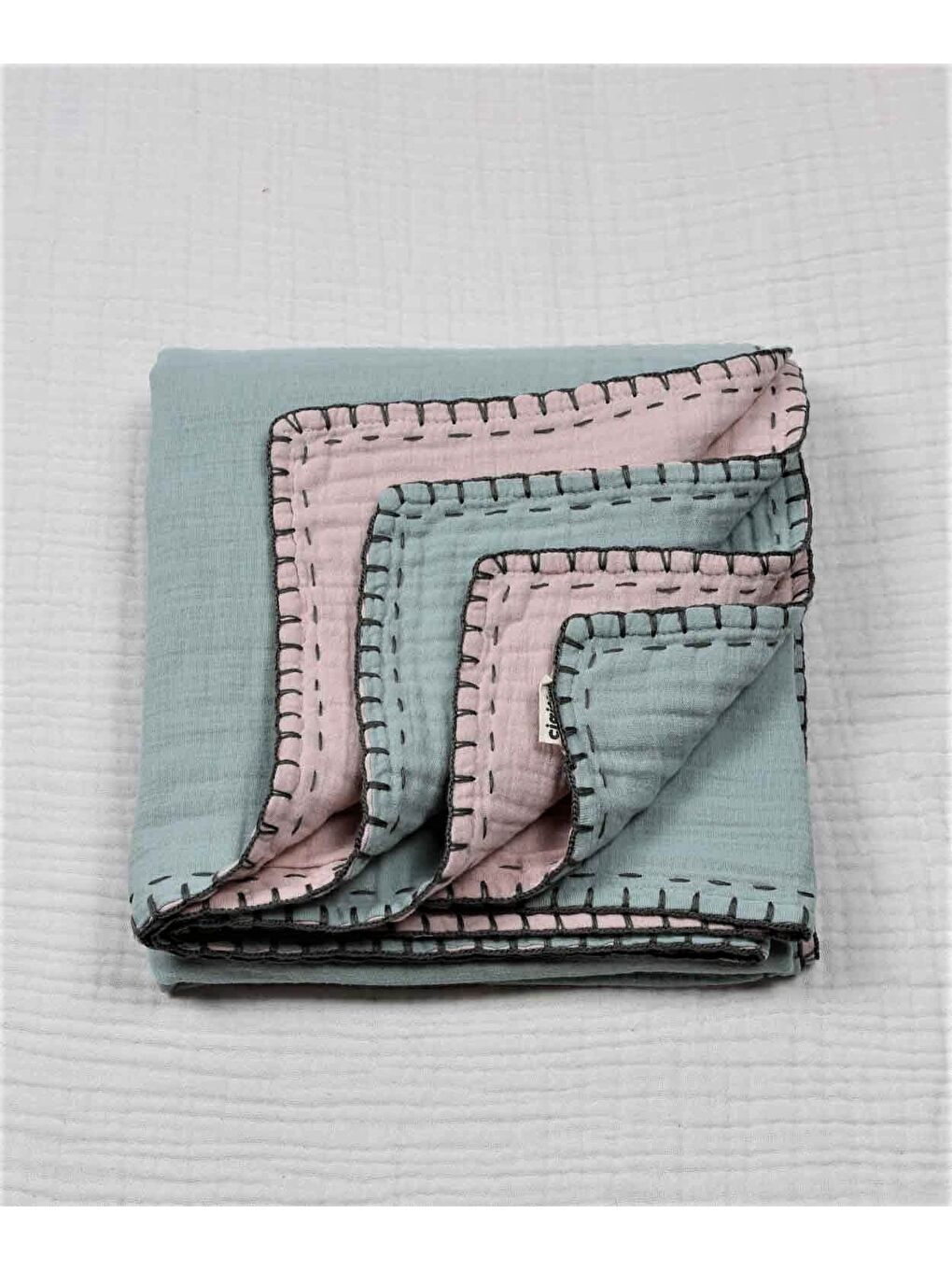 Yeşil Müslin Çift Taraflı El İşili Bebek Battaniye (Yıkanmıştır) 100X100 Cm Mint Pudra-1