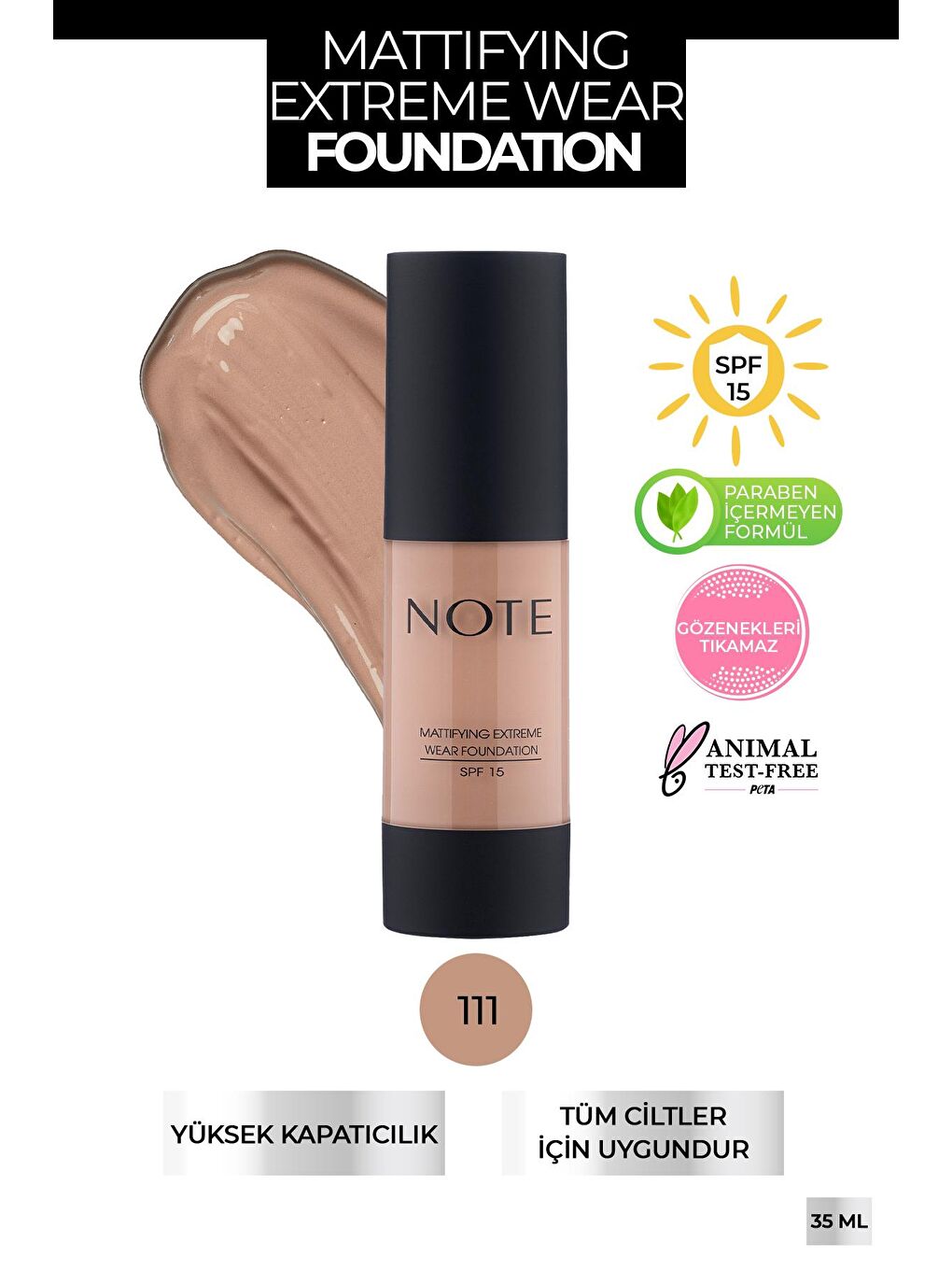 Note Cosmetique Bej Mattifying Extreme Wear Mat Bitişli SPF 15 Kapatıcı Fondöten 111