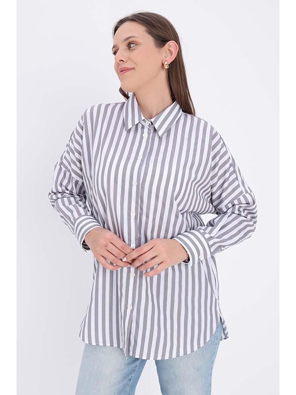 ALLDAY Beyaz-Gri-Oversize Basic Gömlek