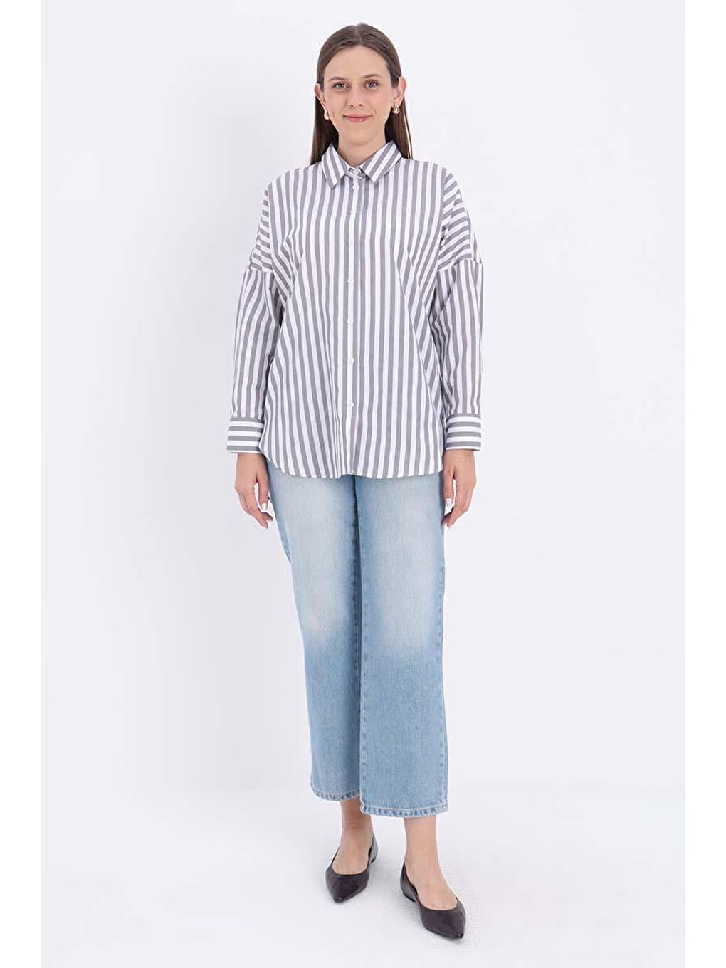 ALLDAY Beyaz-Gri-Oversize Basic Gömlek - 1