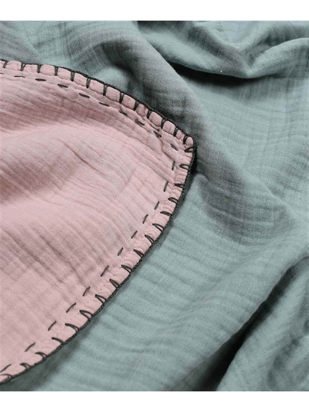 Yeşil Müslin Çift Taraflı El İşili Bebek Battaniye (Yıkanmıştır) 100X100 Cm Mint Pudra-4