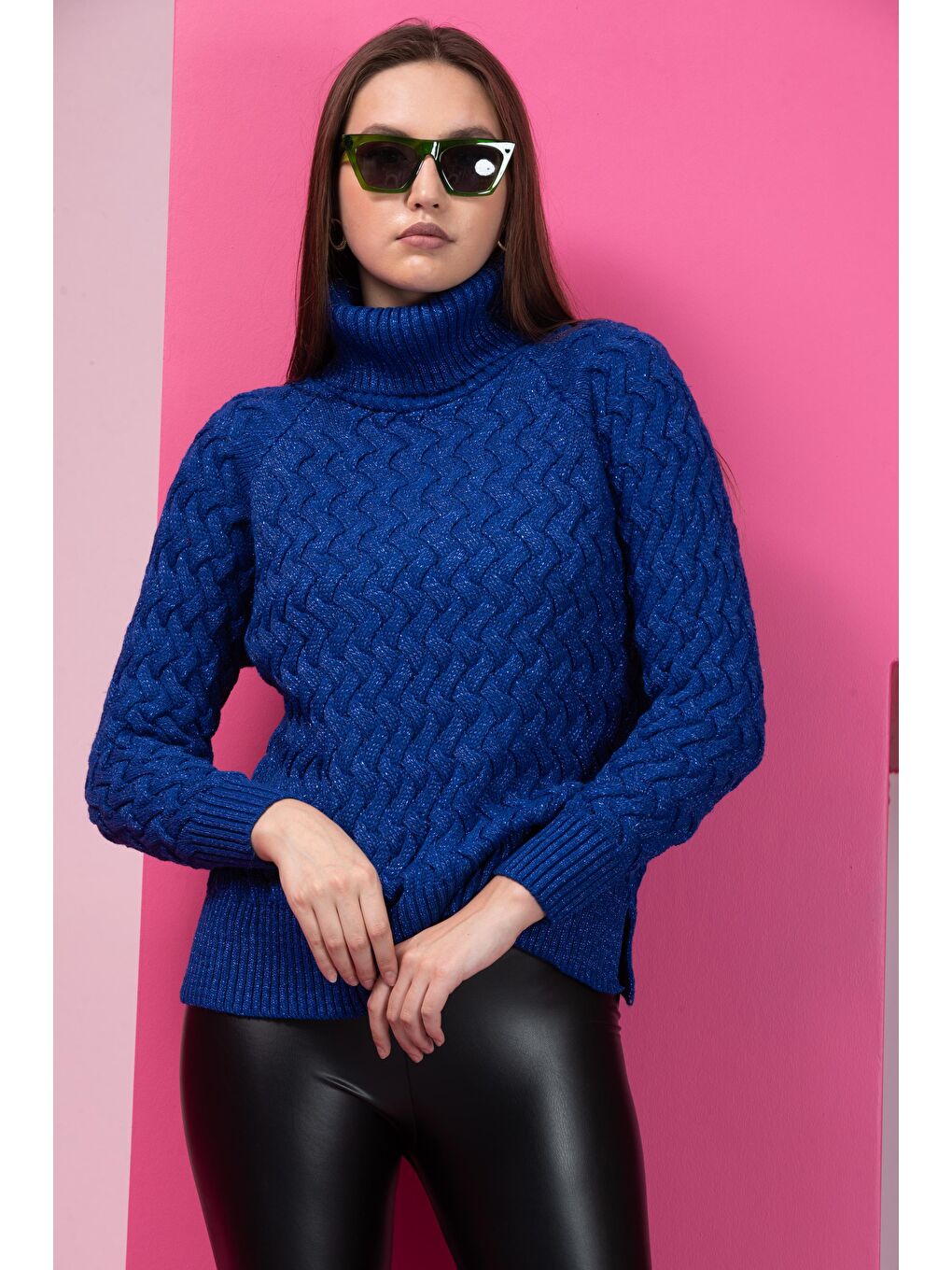 Mavi Kadın Sim Garnili Hasır Örgü Triko Kazak