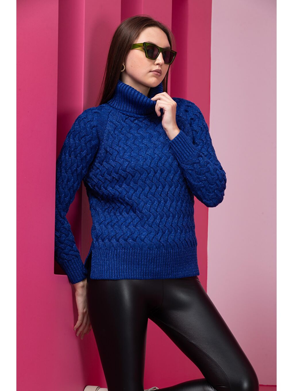 Mavi Kadın Sim Garnili Hasır Örgü Triko Kazak-1