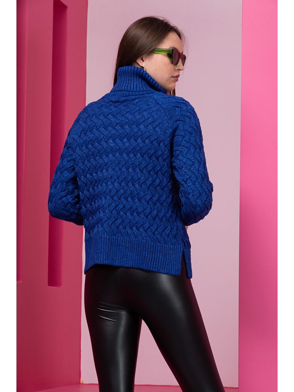 Mavi Kadın Sim Garnili Hasır Örgü Triko Kazak-2