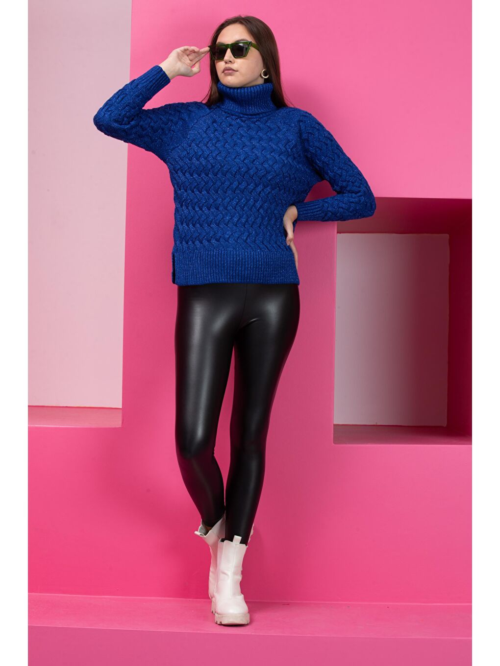 Mavi Kadın Sim Garnili Hasır Örgü Triko Kazak-3