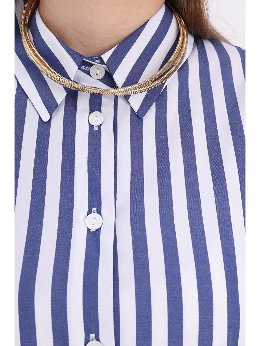 Beyaz-Lacivert-Oversize Basic Gömlek-4