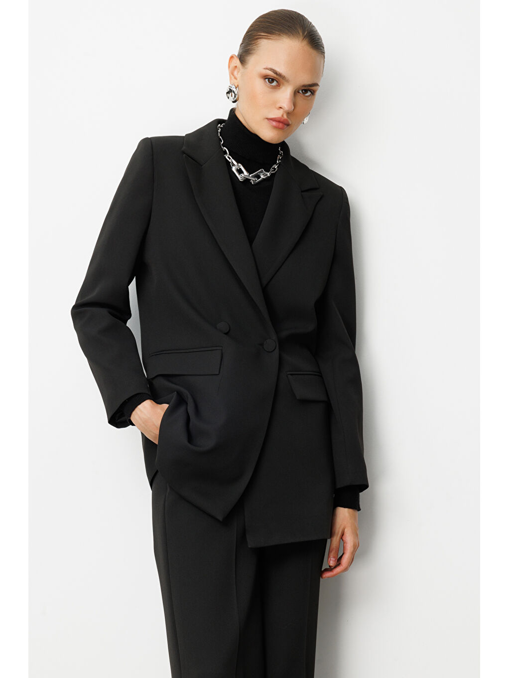 Oversize Siyah Kruvaze Blazer Ceket-3