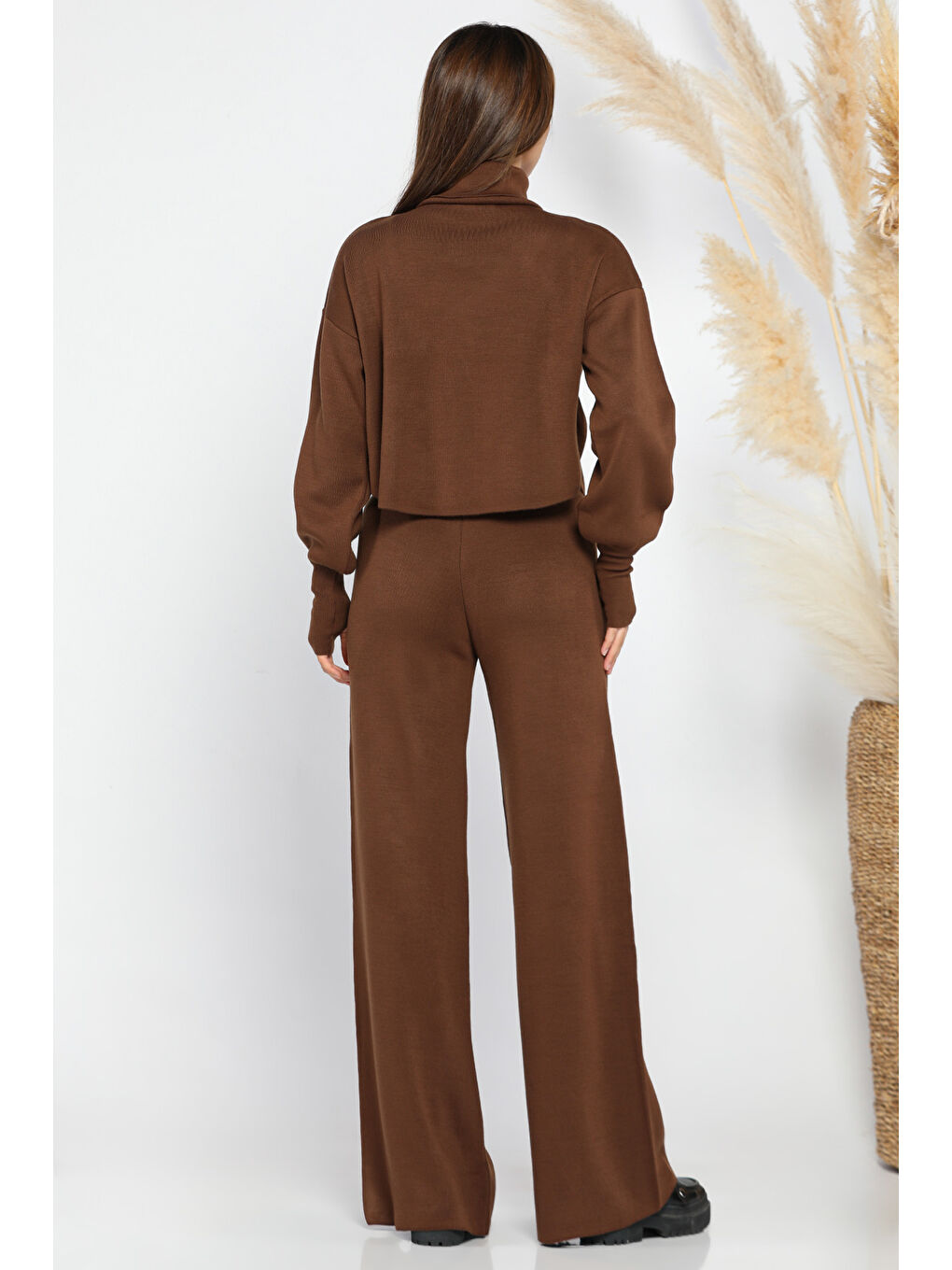 Kahverengi Crop Kazak Pantolon Triko İkili Takım-2
