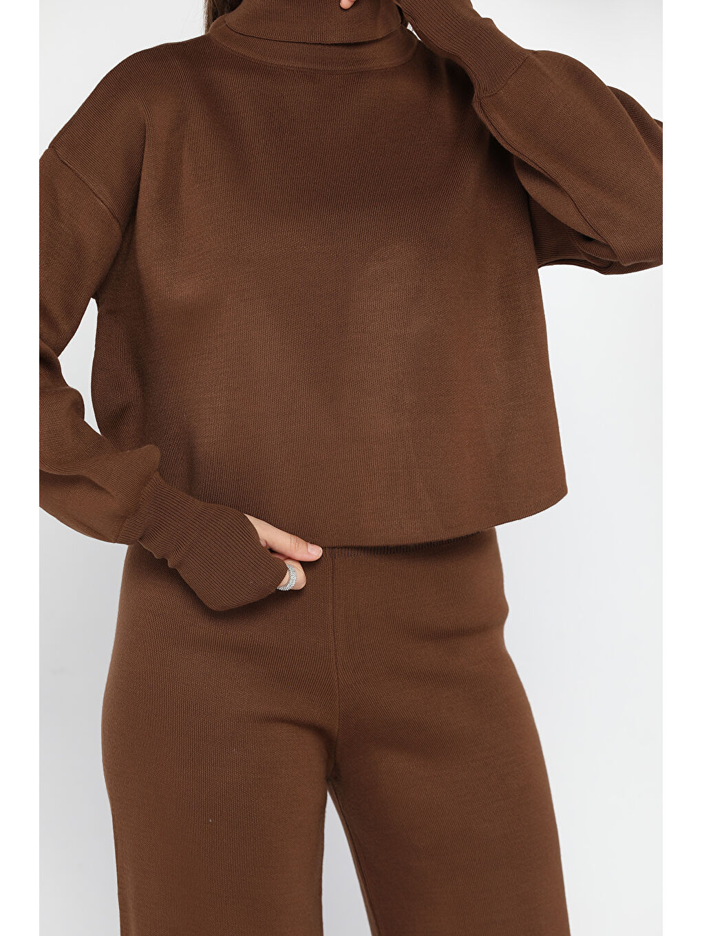 Kahverengi Crop Kazak Pantolon Triko İkili Takım-3