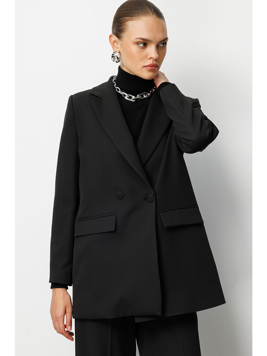 Oversize Siyah Kruvaze Blazer Ceket-4