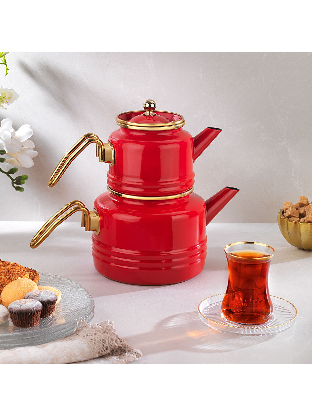 Emily Emaye Çaydanlık Takımı 3 Parça-Kırmızı