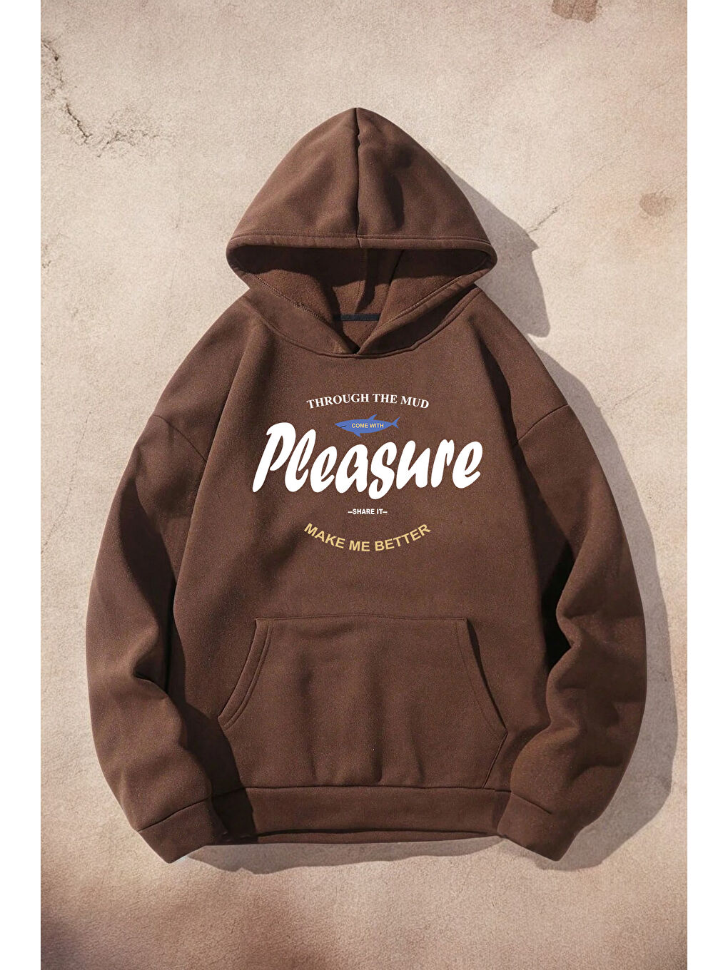 uyguntarz Açık Kahverengi Pleasure Baskılı Oversize Sweatshirt