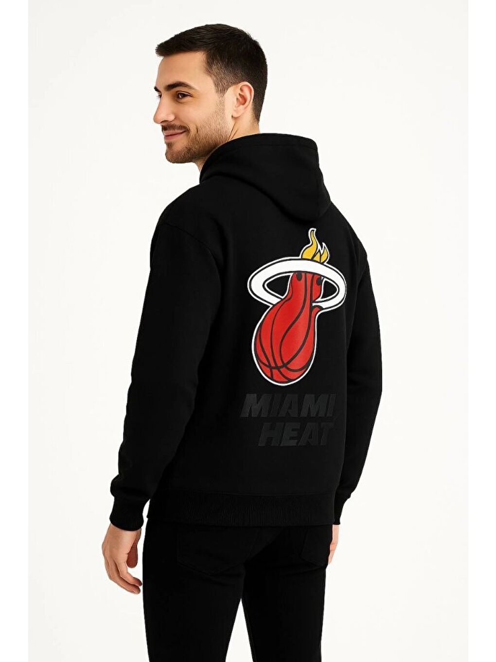 Üç İplik Kapüşonlu Ön Ve Arka Baskılı SweatShirt Hoodie - Siyah-3