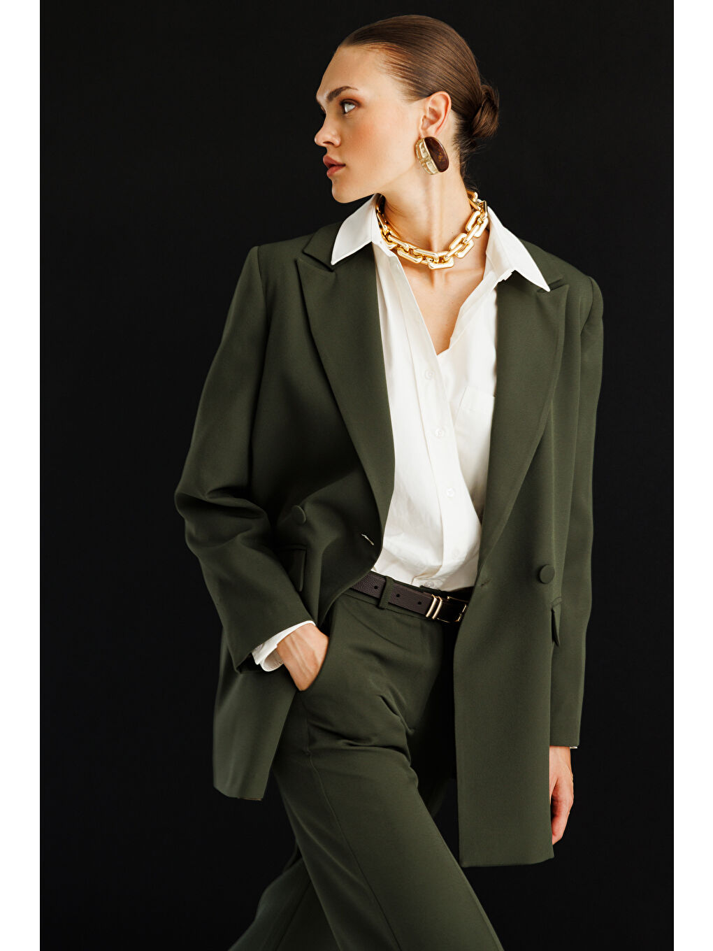 Oversize Haki Kruvaze Blazer Ceket-1