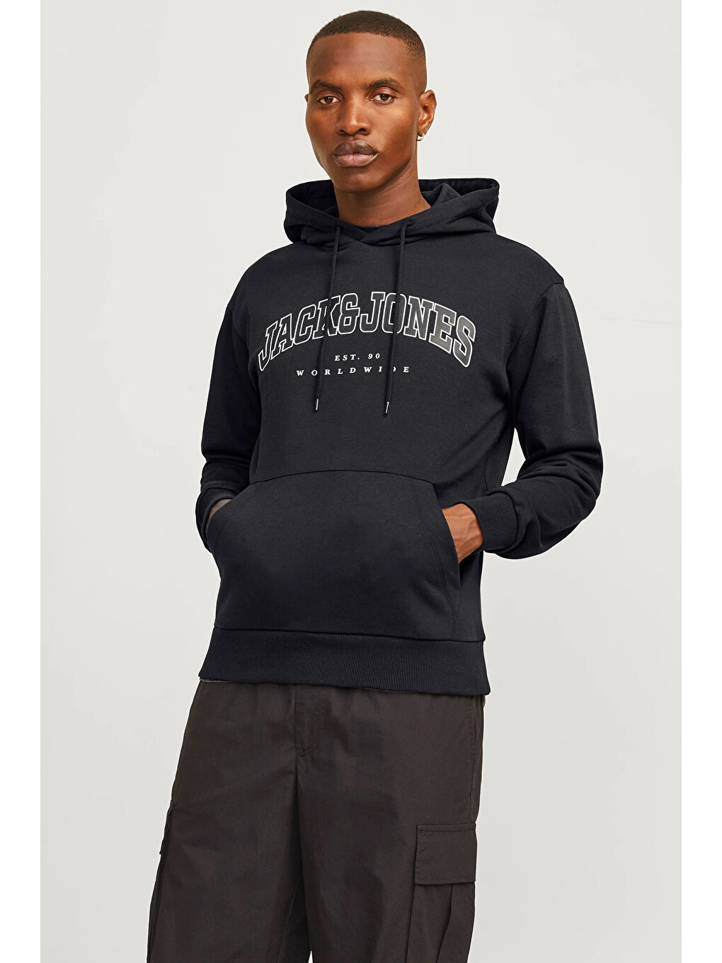 Jack & Jones Siyah Pamuklu Relaxed Fit Kapüşonlu Erkek Sweat