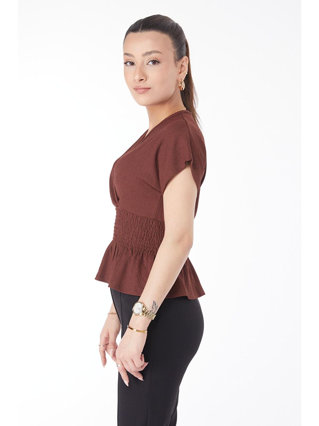 Kruvaze Yaka Kadın Kahverengi Kısa Kollu Bluz - 24662-3