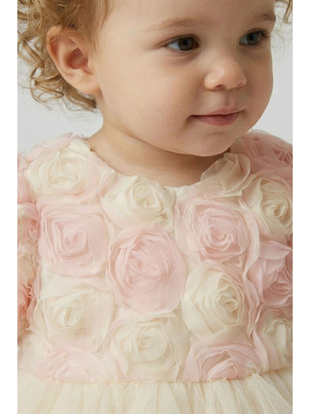 Ekru Gül Detaylı Fiyonklu Bebek Abiyesi-2