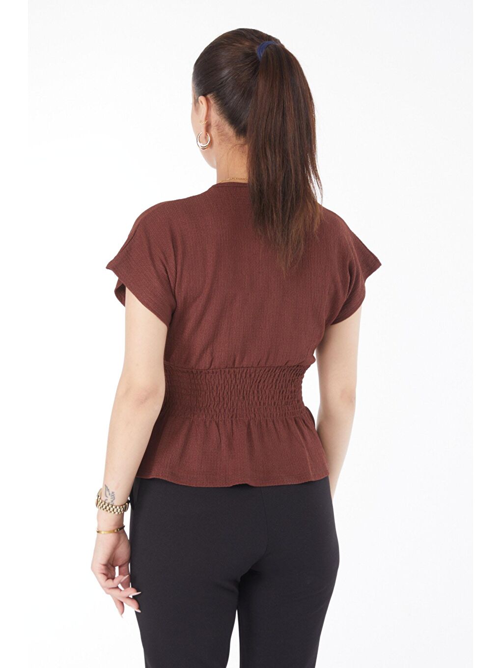 Kruvaze Yaka Kadın Kahverengi Kısa Kollu Bluz - 24662-4